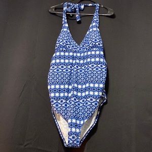 Maternity One Piece Swim Suit- Blue/White and Black detail